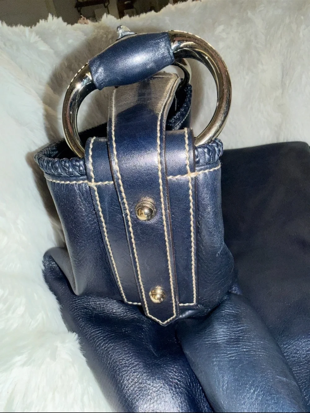 Gucci Navy Blue Horsebit Hobo Women’s Leather Hobo Bag with Gold Tone Hardware
